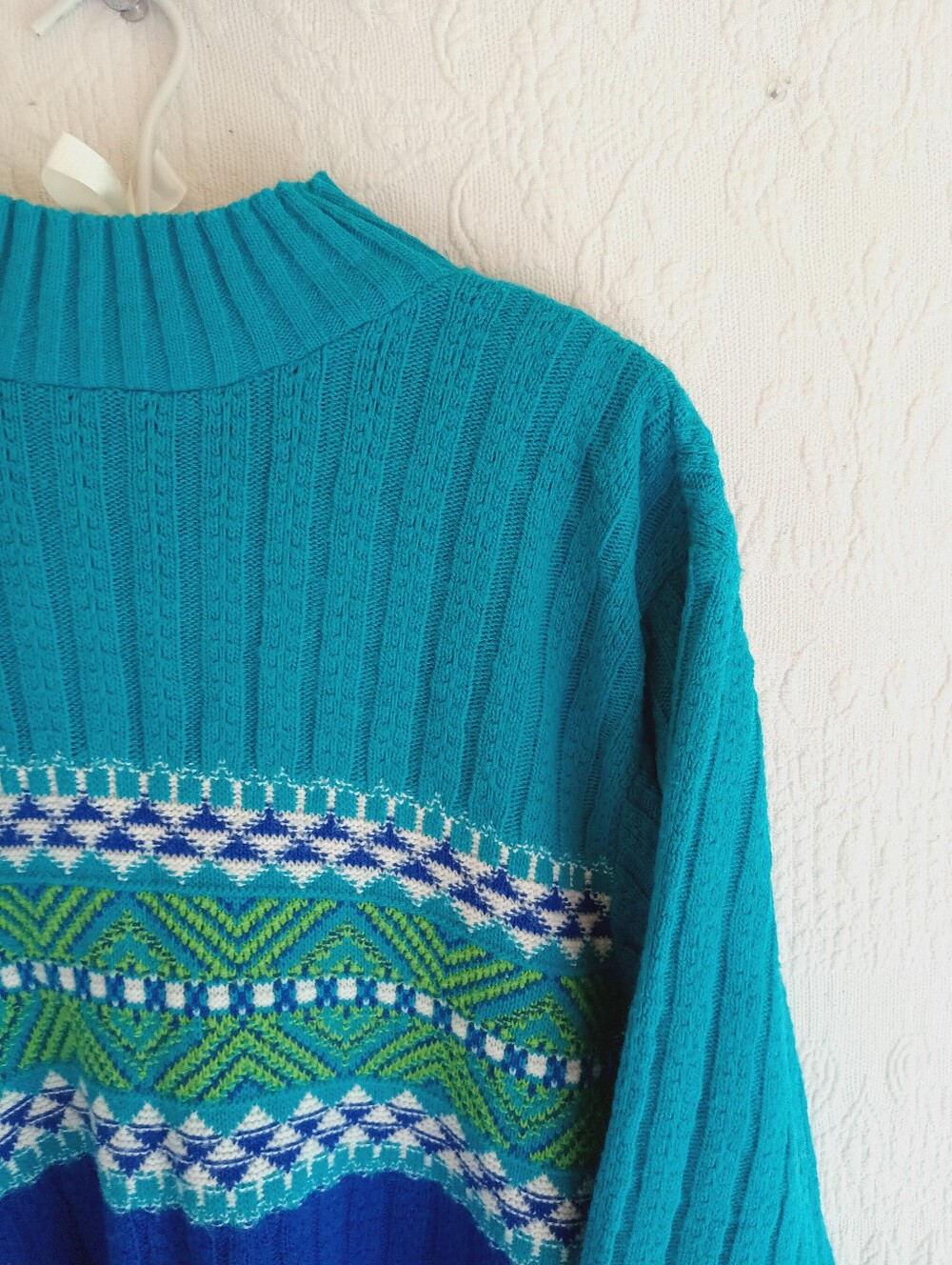 80s Teal & Royal Blue Nordic Knit Sweater Retro Cable Knit Colorblock Ski Winter - Picture 3 of 9